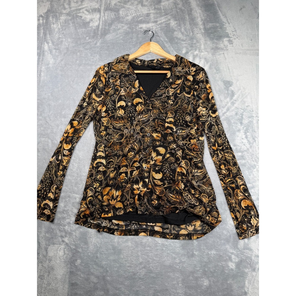 Jane + Delancey Blouse Top Womens L Black Gold Floral Long Sleeve Button Front